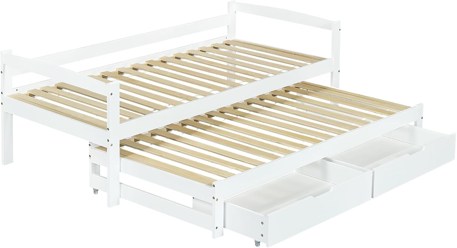 Merax Schlafsofa 90x200 cm, Tagesbett mit 2 Schubladen, Kinderbett Funktionsbett mit Lattenrost, Ausziehbett Einzel und Doppelbett, Massivholzrahmen, für Mädchen & Jungen, Weiß