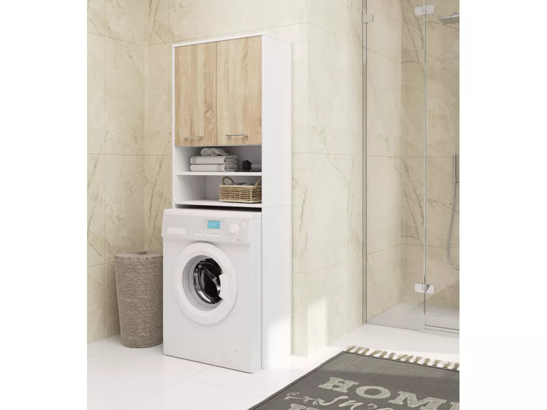 Meuble pour machine à laver FIN Blanche 64 cm 2 portes façade Chêne Sonoma niche 4 étagères 64x30x180 cm