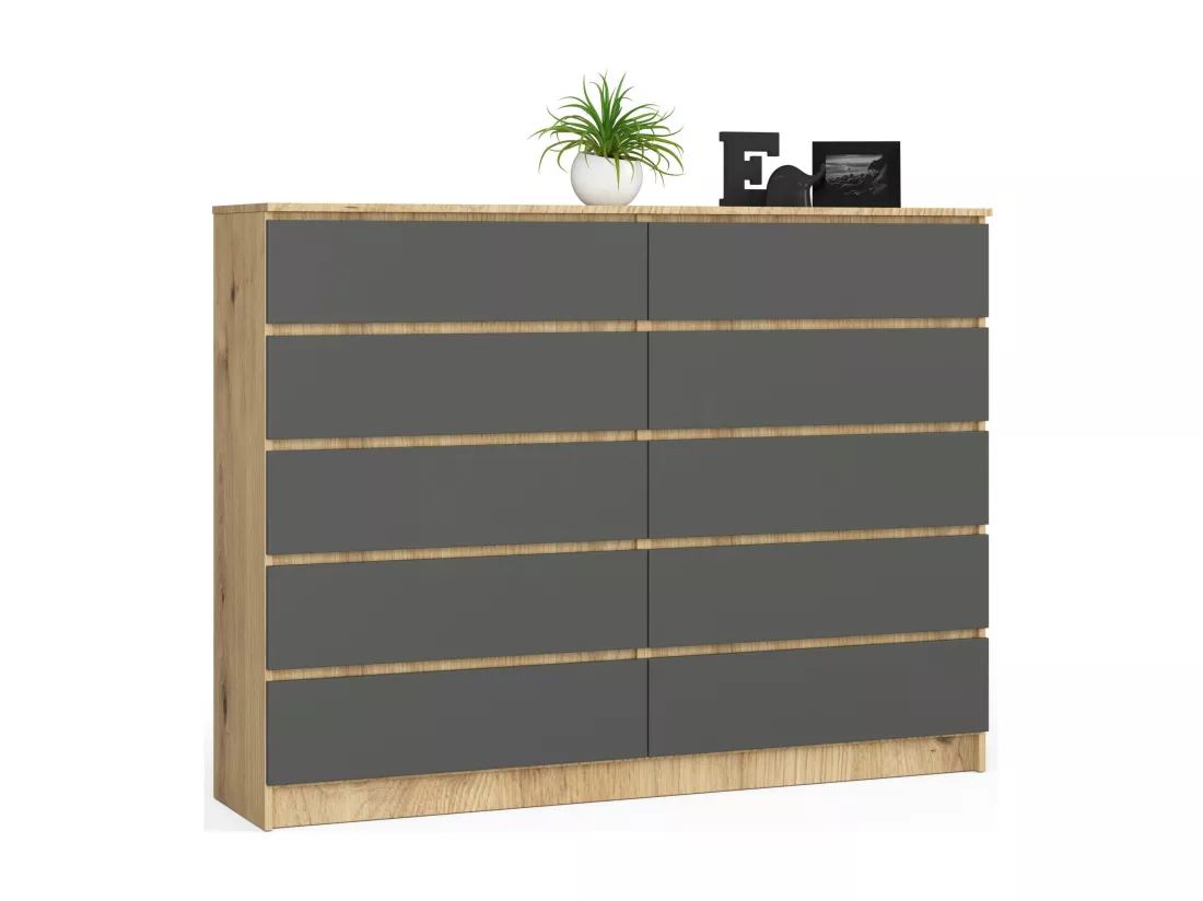 Grande Commode pour le salon AKORD K160 Chêne Artisan 160 cm 10 tiroirs façade Gris Graphite 160x40x121 cm