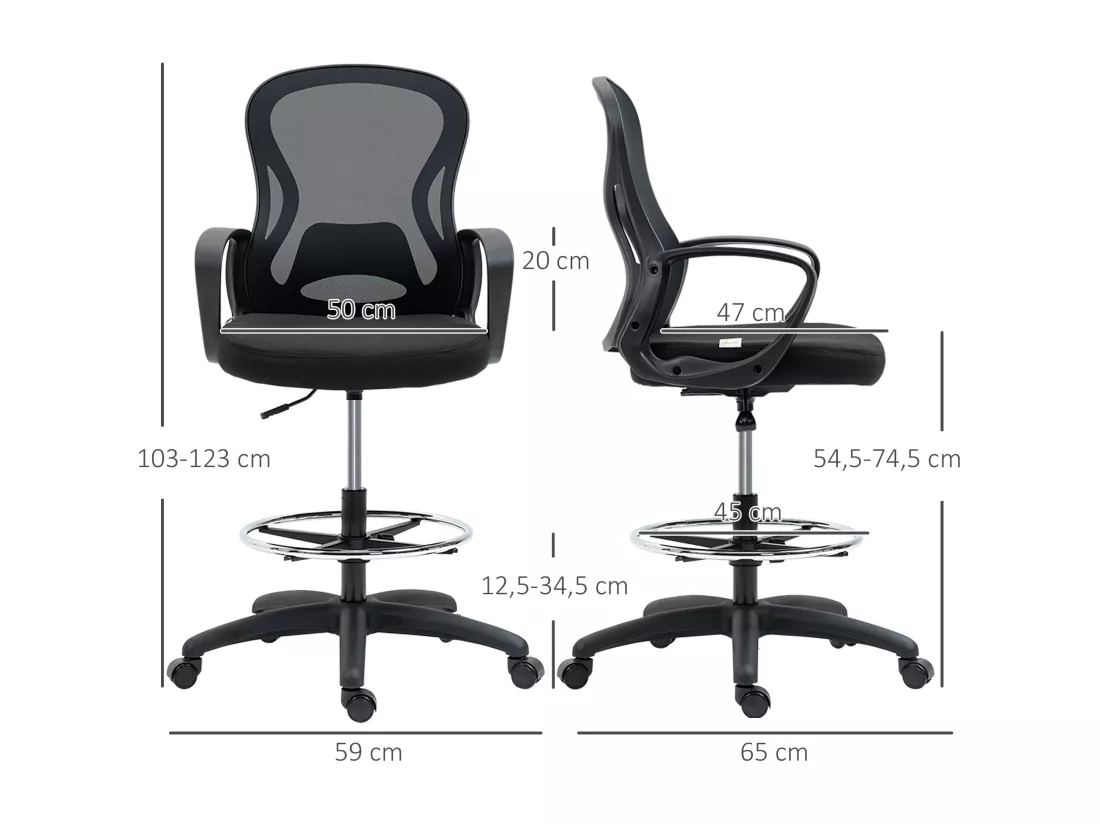 Fauteuil de bureau chaise de bureau assise haute réglable dim. 59L x 65l x 109-124H cm pivotant 360° maille respirante noir