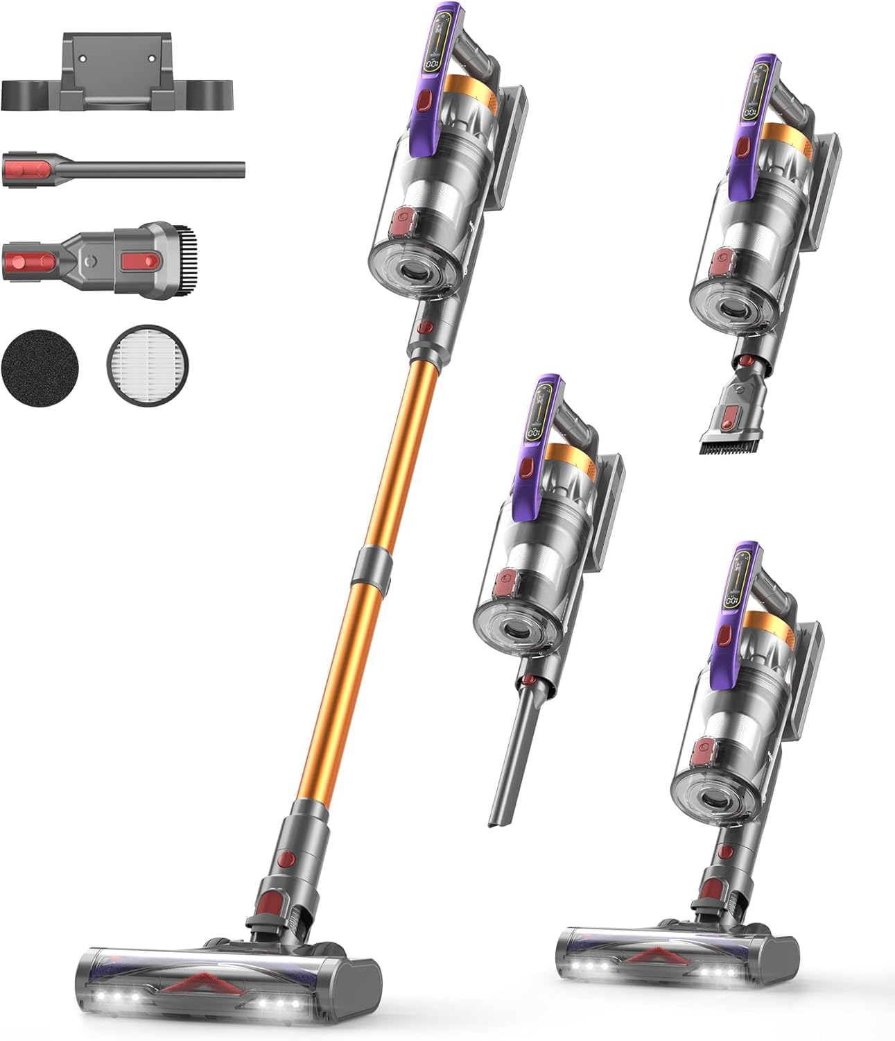 Akku Staubsauger 50000Pa/600W/75Min, 1.8L Staubsauger Kabellos mit Freistehender, LED Display, Anti-Tangle-Bürste, Wandladestation, Ultraleise, für Tierhaare/Hartböden/Teppiche/Auto