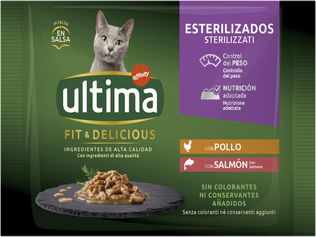 COMIDA HÚMIDA PARA GATO ULTIMA ESTERILIZADO FRANGO / SALMÃO 4X85G