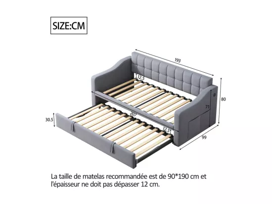 Canapé-lit capitonné 90/180x190 cm - Velours - Avec sommier - Avec housse de rangement - Gris (sans matelas)