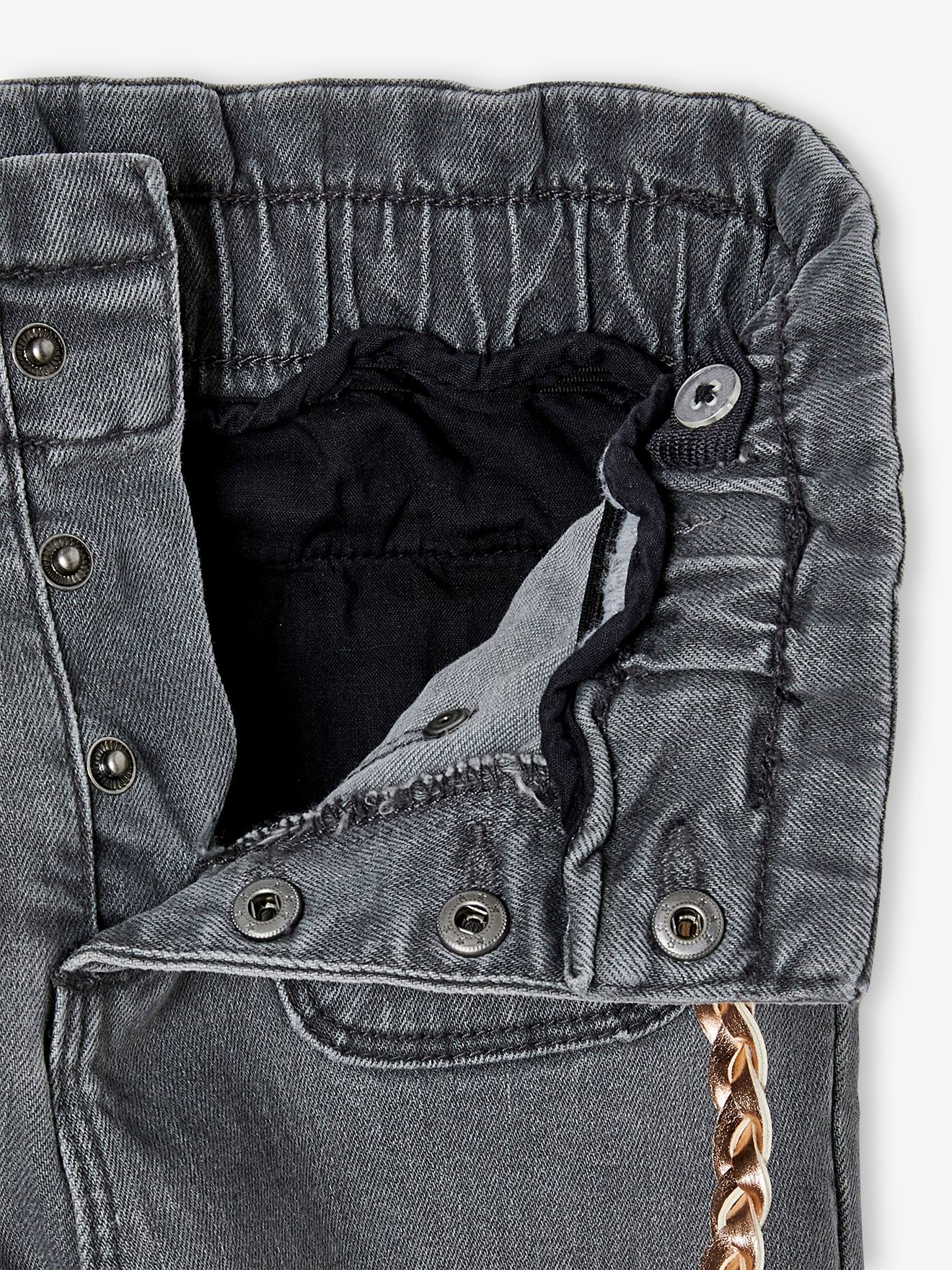 Calça jeans estilo paperbag para meninas e cinto trançado cinza claro lavado