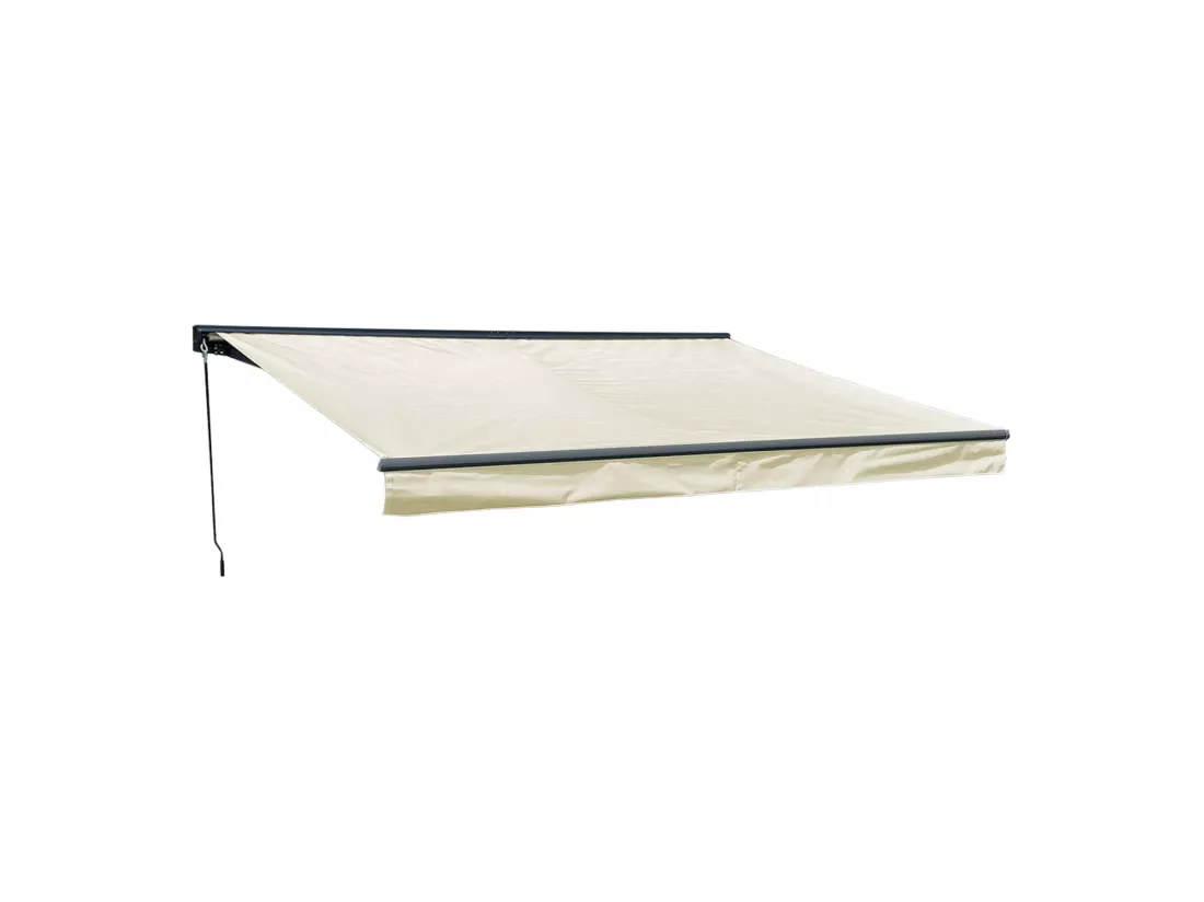 Store banne SAULE 3,95 × 3m avec semi-coffre - Toile beige et structure grise - HAPPY GARDEN