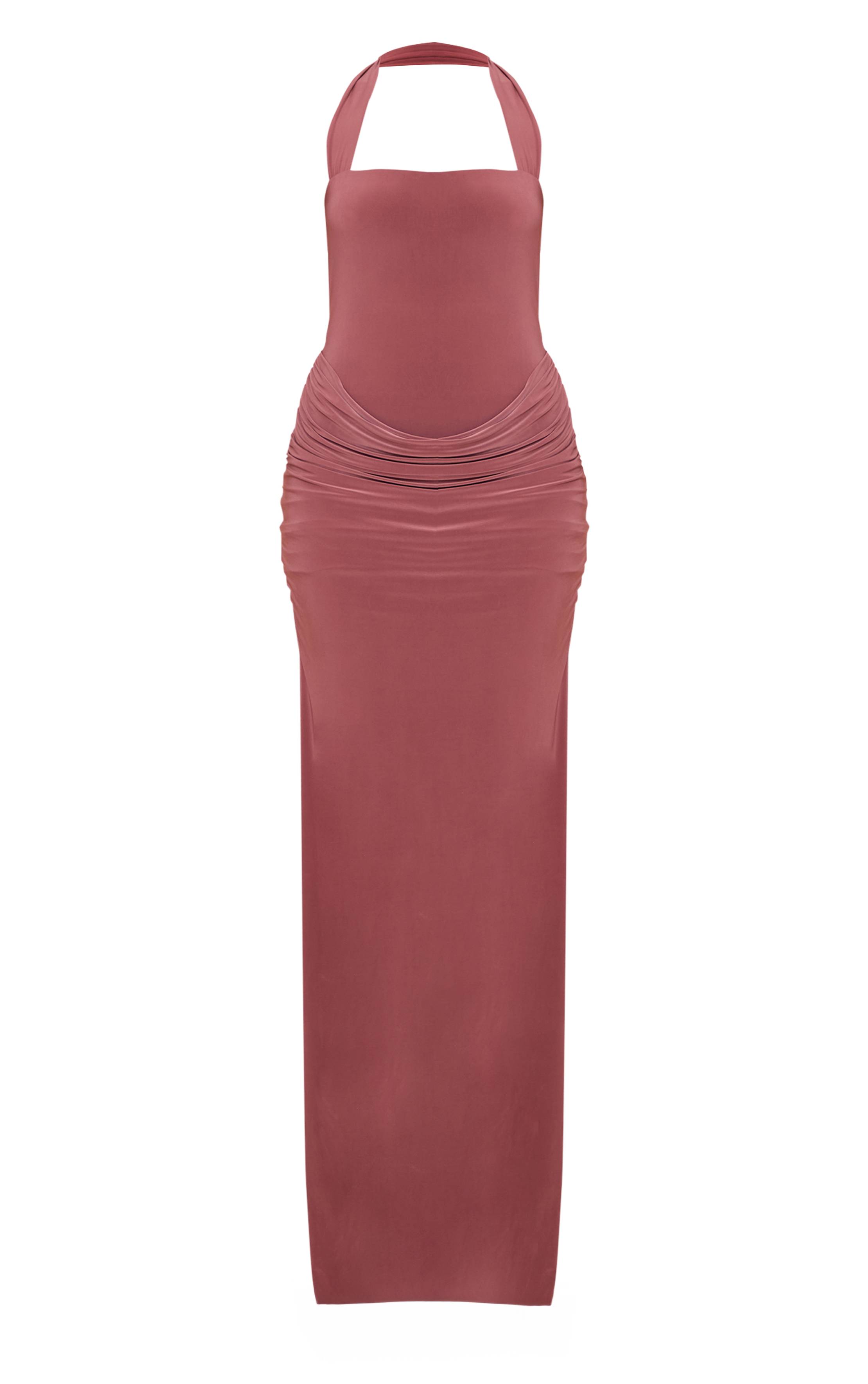 Mauve Robe Longue Double Couche En Tissu Slinky À Encolure Carrée Licou Avec Détails Drapés