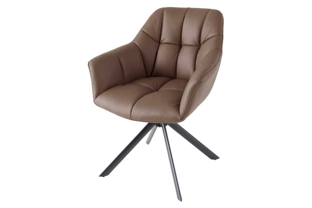 Drehbarer Stuhl PAPILLON brandy braun Echtleder mit Armlehne schwarzes Gestell