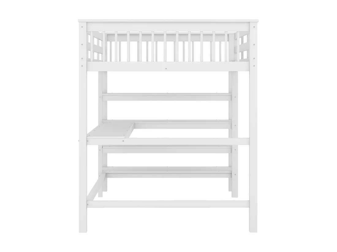 Lit mezzanine 140 x 200 cm avec bureau et étagères de rangement - Bois de pin + MDF - Blanc