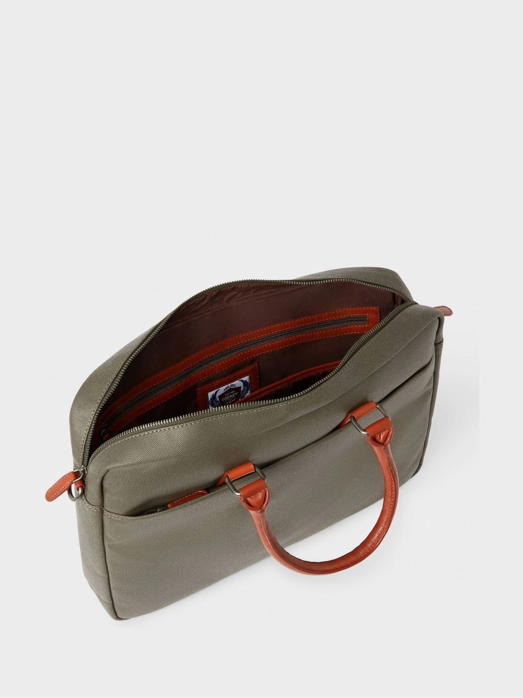 Groen - OSPREY LONDON - Gewaxte canvas en glanzende kalfsleren Grantham laptoptas