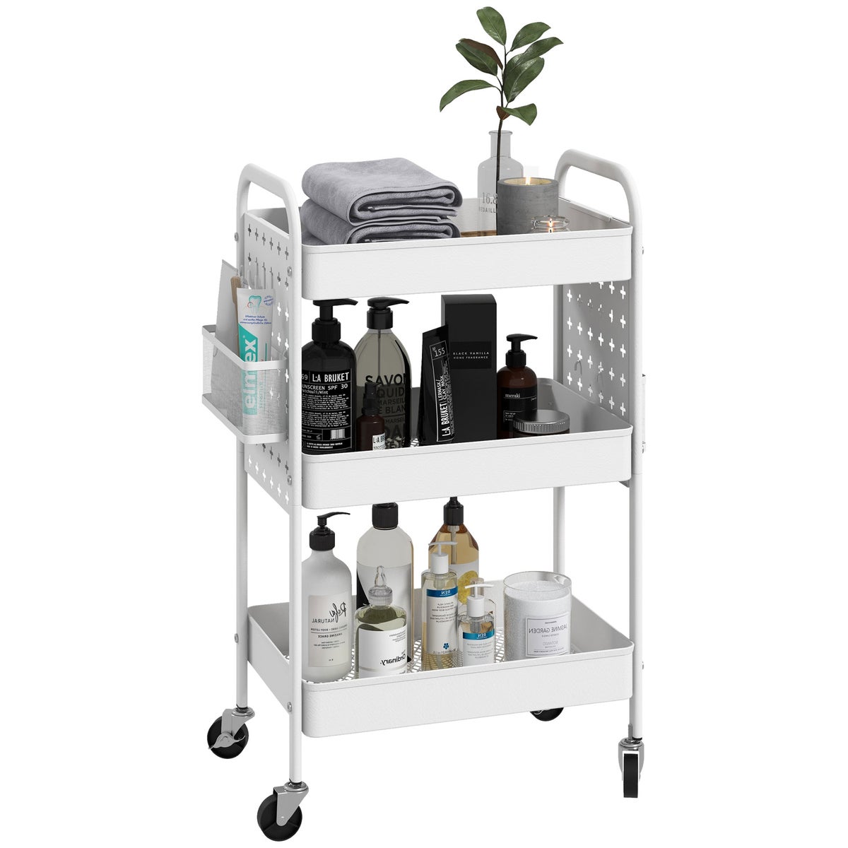 HOMCOM Rolwagen, Serveerwagen met 3 Planken, 2 Hangmanden, Opbergwagen met Handvat, Keukenwagen, Bijzettafel voor Keuken, Woonkamer, Staal, Wit
