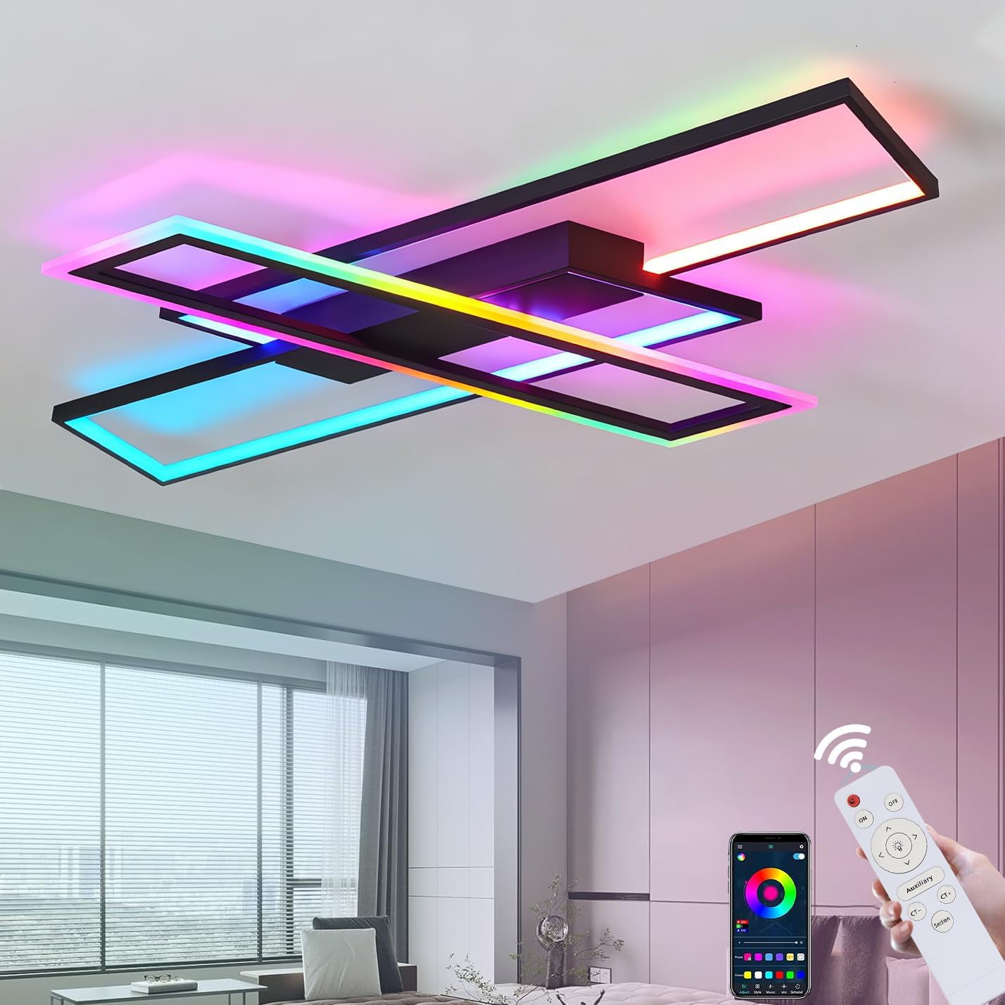 60cm Modern LED Deckenleuchte Dimmbare RGB Farbwechsel Deckenlampe mit Fernbedienung, Smart APP Steuerung, Timing & Memory Funktion, 64W Groß Wohnzimmerlampe für Schlafzimmer Kinderzimmer Büro Lampe