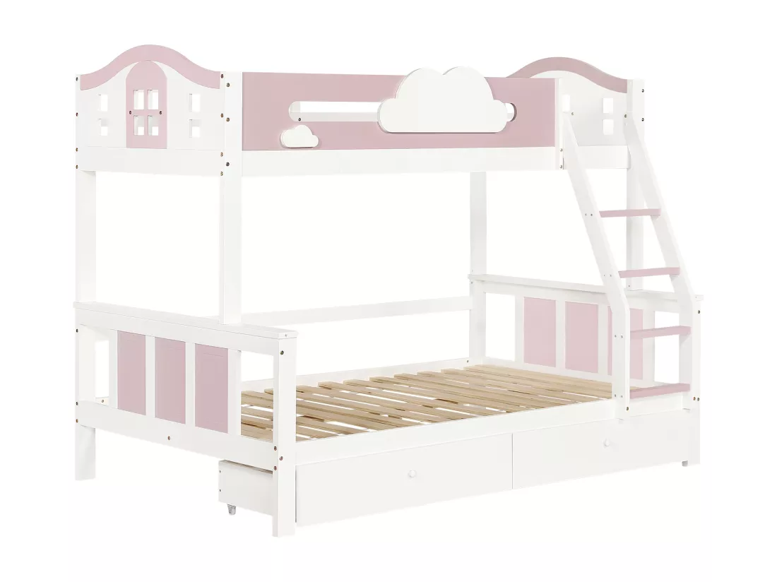 Lit superposé, lit d'enfant,avec barrière de sécurité de couleur contrastée,avec fenêtre,avec décoration de nuages,avec échelle inclinée à quatre marches et tiroirs,pin+MDF,blanc+rose,90x200cm+120x200cm,Sans matelas