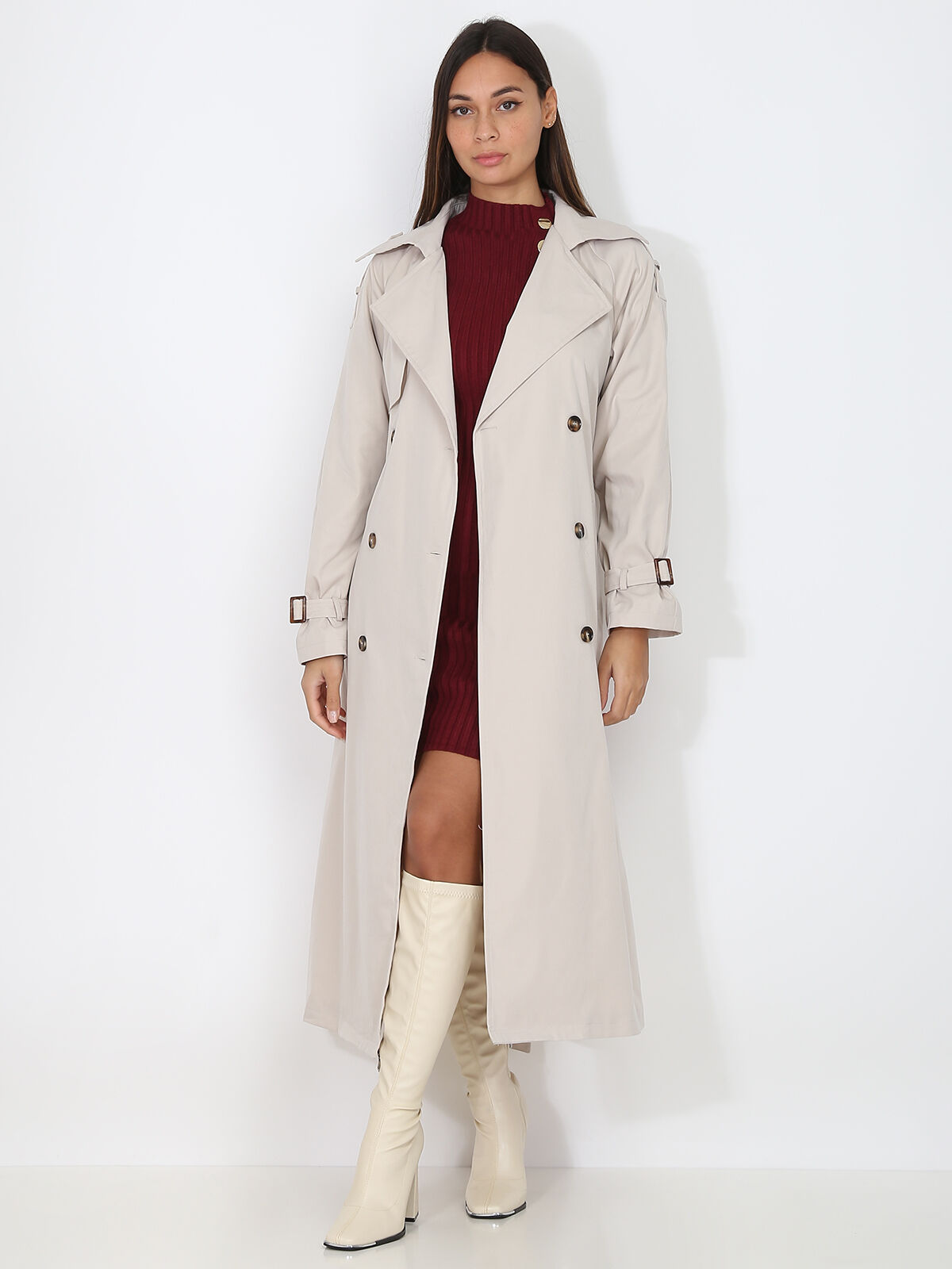 Trench long à ceinture nouée- Beige
