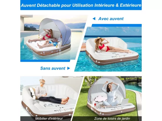 Matelas Gonflable Lounge/Salon de Piscine Flottant 180x180x160CM Charge 200KG avec Accoudoir à Haut Dossier,2 Porte-Gobelets et Auvent Rétractable
