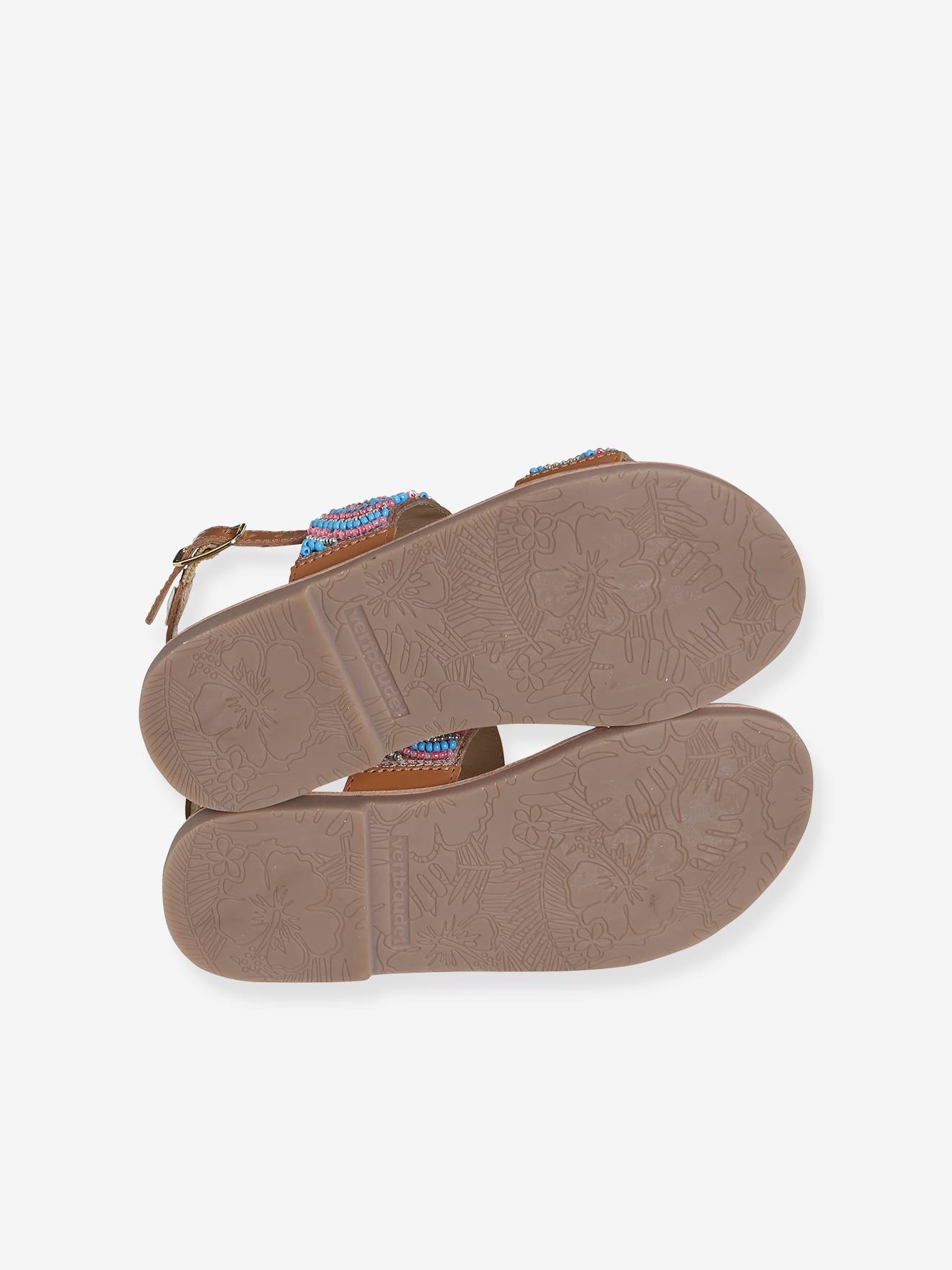Sandálias de tecido com miçangas, para meninas, lisas, azul claro com estampas.