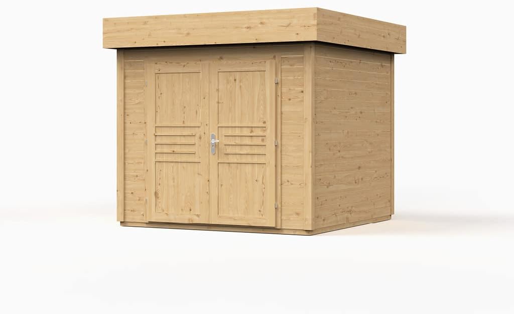Holz Gerätehaus Livo 2 | Gartenhaus | Wandstärke 28 mm | Naturbelassen | BxTxH: 283,5 x 277,6 x 246,5 cm | Sockelmaß: 254 x 248 cm | Inkl. Doppelflügeltür