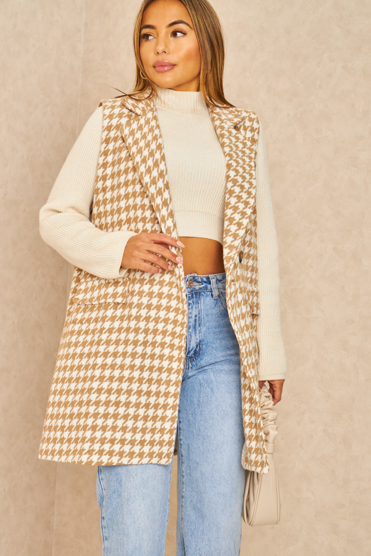 Veste blazer beige sans manches pied de poule