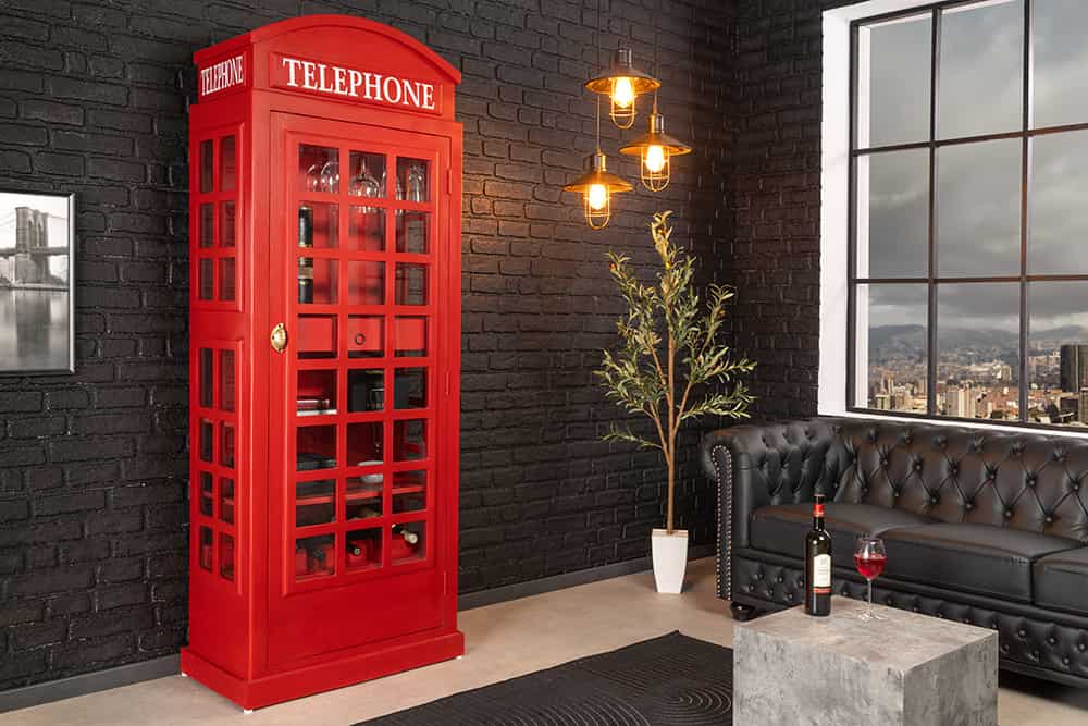 Vintage Barschrank TELEPHONE 200cm rot Mangoholz massiv englische Telefonzelle Vitrine