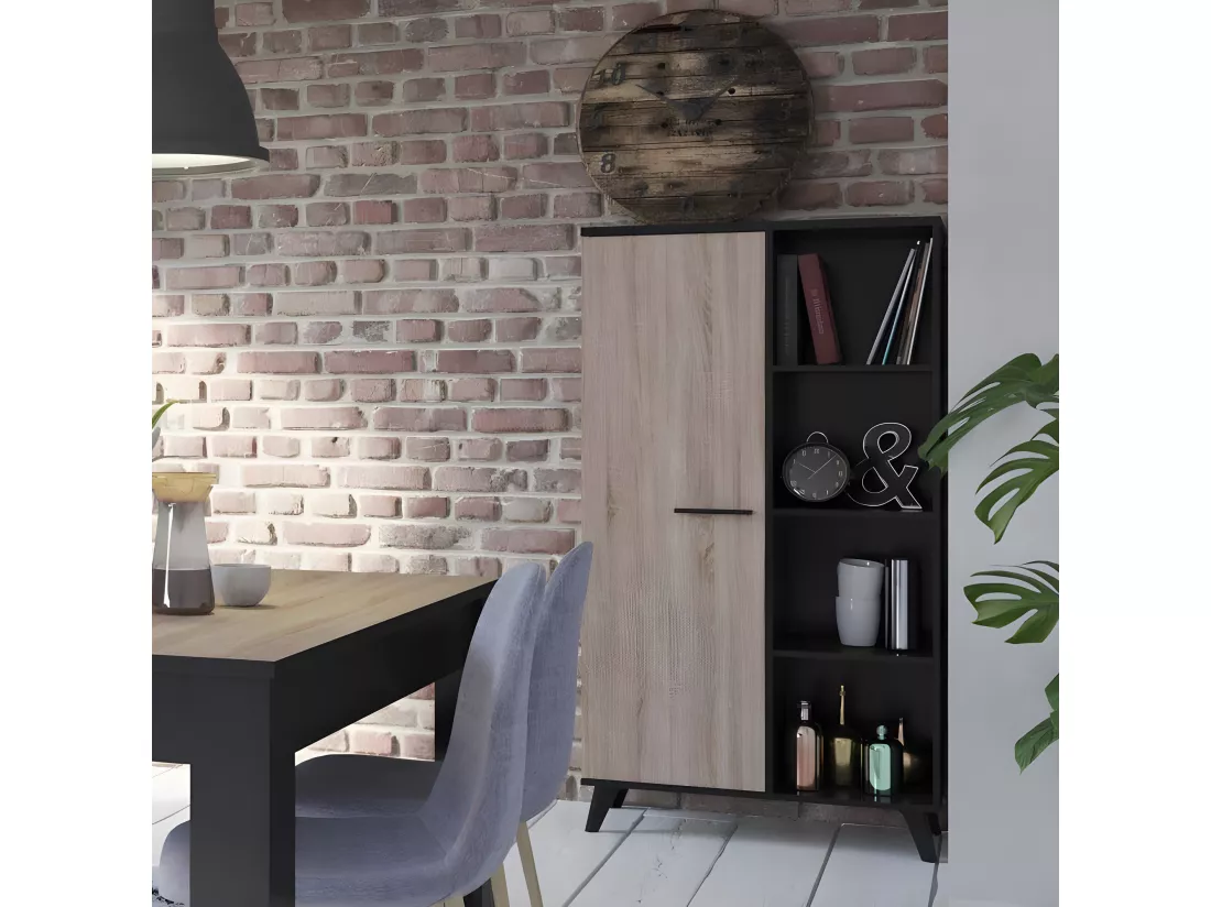 Vaisselier 1 porte 4 niches Chêne/Noir - AVIGNON - L 83 x l 39 x H 154 cm