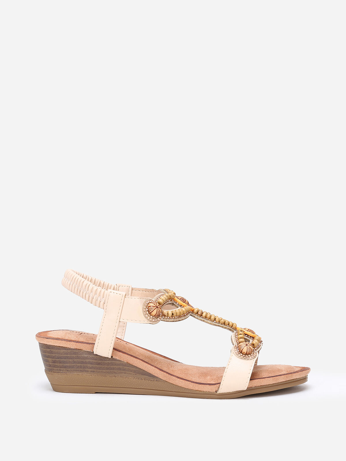 Sandales compensées à strass et perles- Beige
