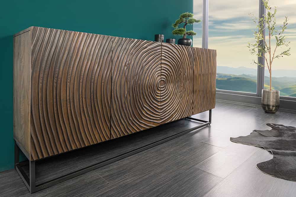 Massives Sideboard ZEN CIRCLES 180cm dunkelbraun Mangoholz 3D-Design