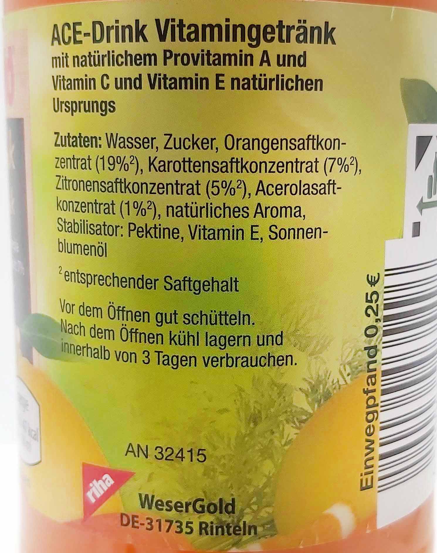 WeserGold ACE-Drink Vitamingetränk 6x0,5 Liter = 3 Liter MHD:15.4.25