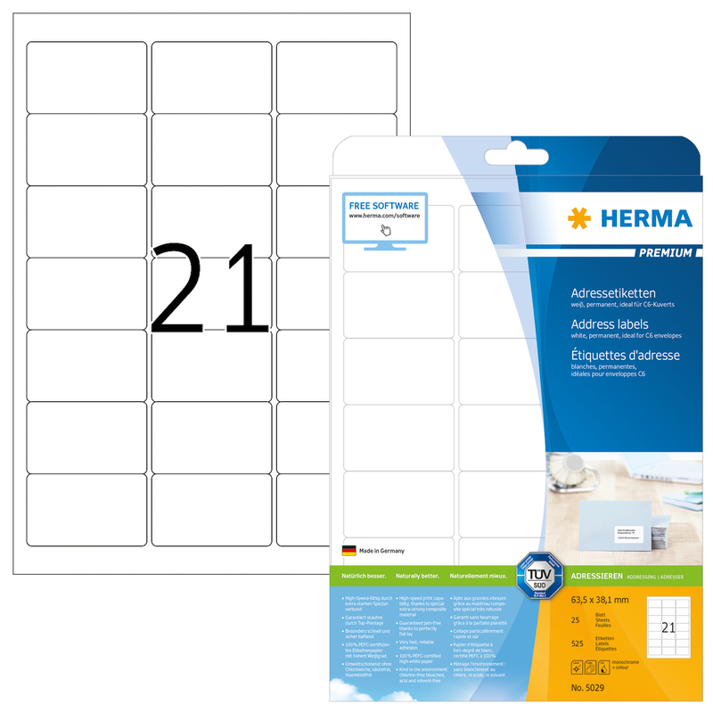 Herma Etiketten, 5029, 63.5 x 38.1 mm, 25 Blatt