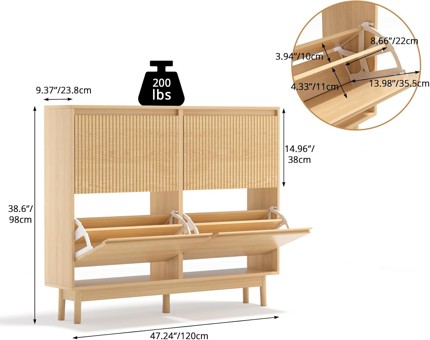 VOWNER Schuhschrank mit 4 Klappen, Versteckter Schuhschrank Schmal mit Flip Schubladen, Schuhregal Eingang für 16-28 Paar Schuhe, L120xT23.8xH98 cm