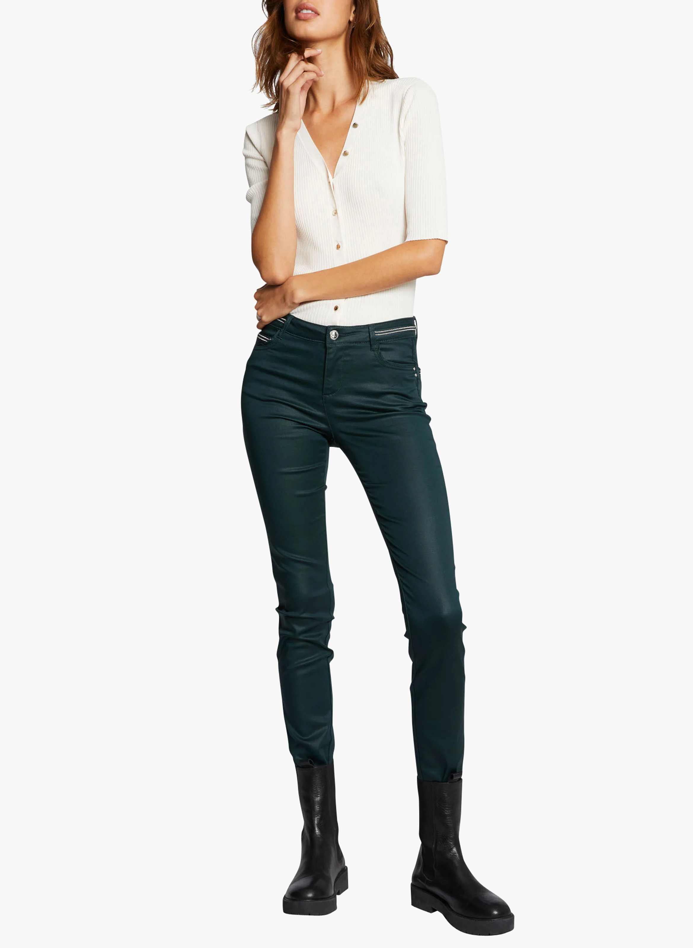 PALONA - Pantalon slim enduit | Kaki