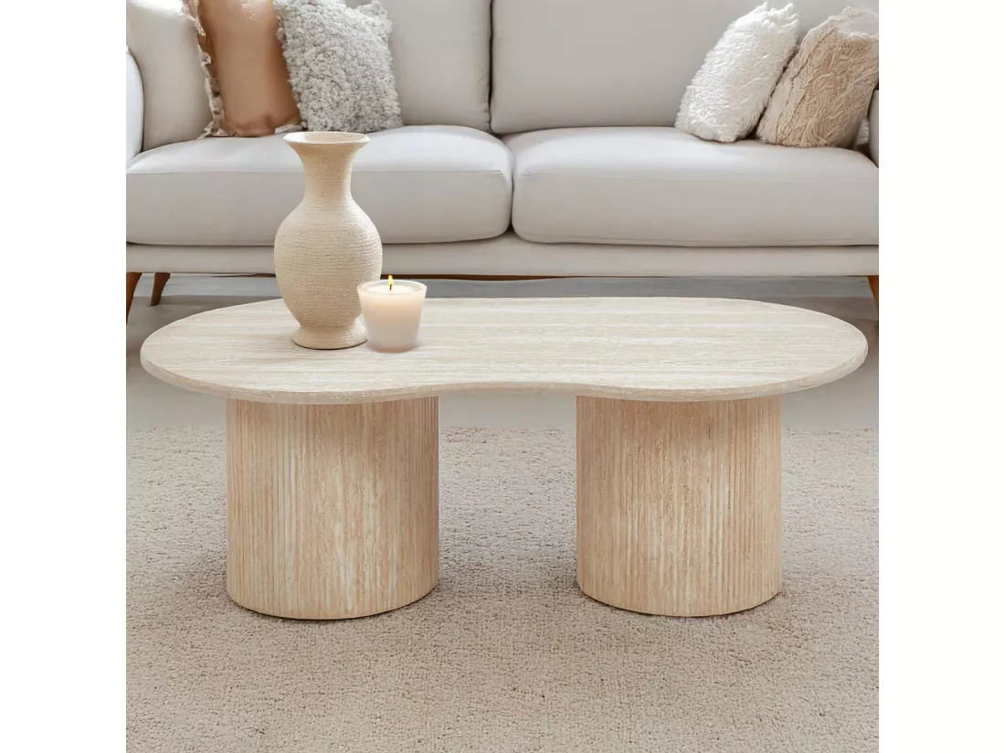 Table basse moderne 70x130cm avec pieds style colonnes Gwendoline Effet travertin Beige