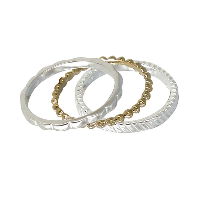 Set 3 Bagues Anneau de Vagues Argent, Billes Plaqué Or et Zébré Argent