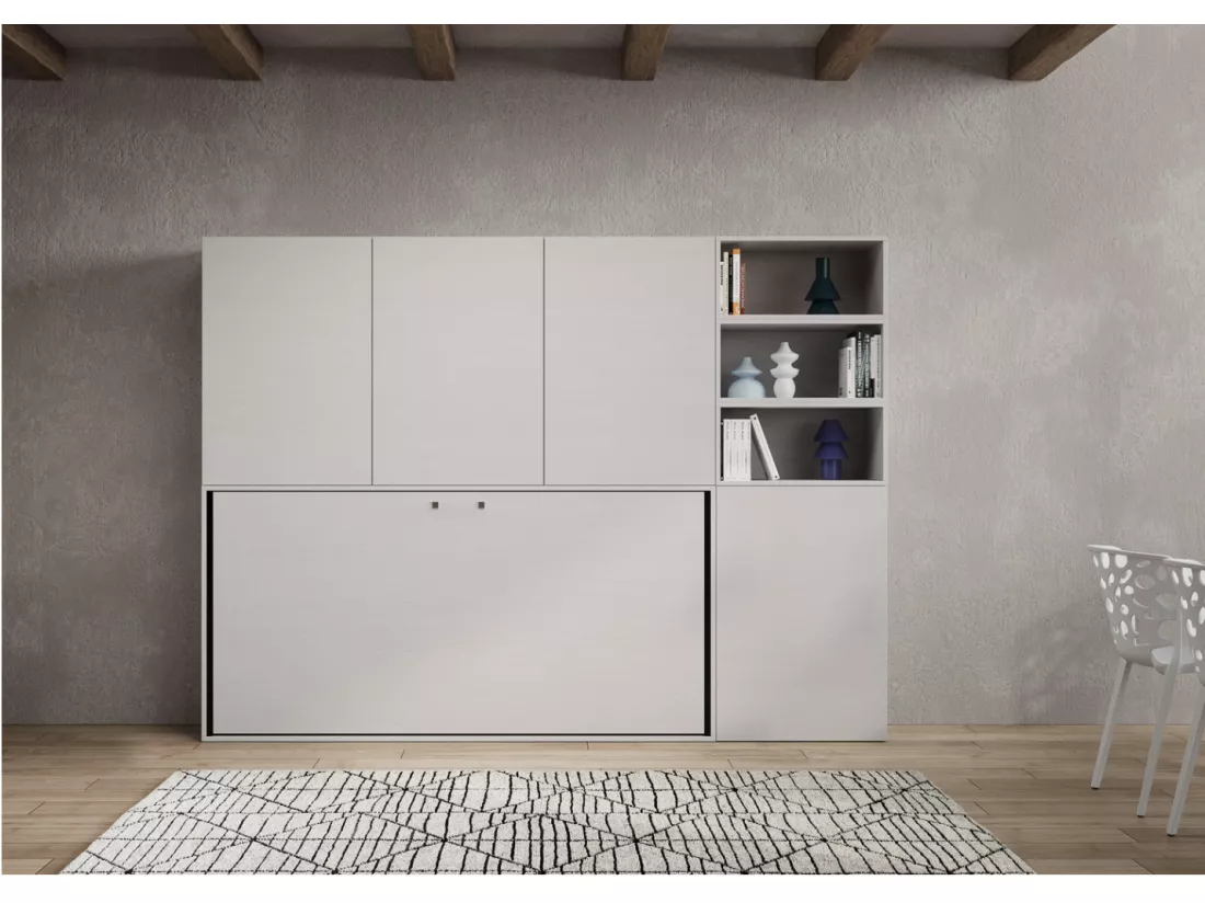 Lit escamotable horizontal blanc Bounto 85x185 avec rangement et bibliothèque composition F-