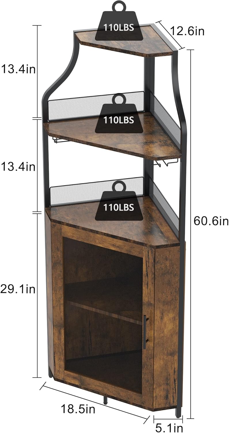 Eck-Weinschrank 154 cm – Bar Schrank Im Industrial Design Mit Glashalter, Gittertür & Verstellbaren Regalen – Platzsparender Eck-Barschrank Für Wohnzimmer, Küche & Esszimmer,Vintage-Farbe
