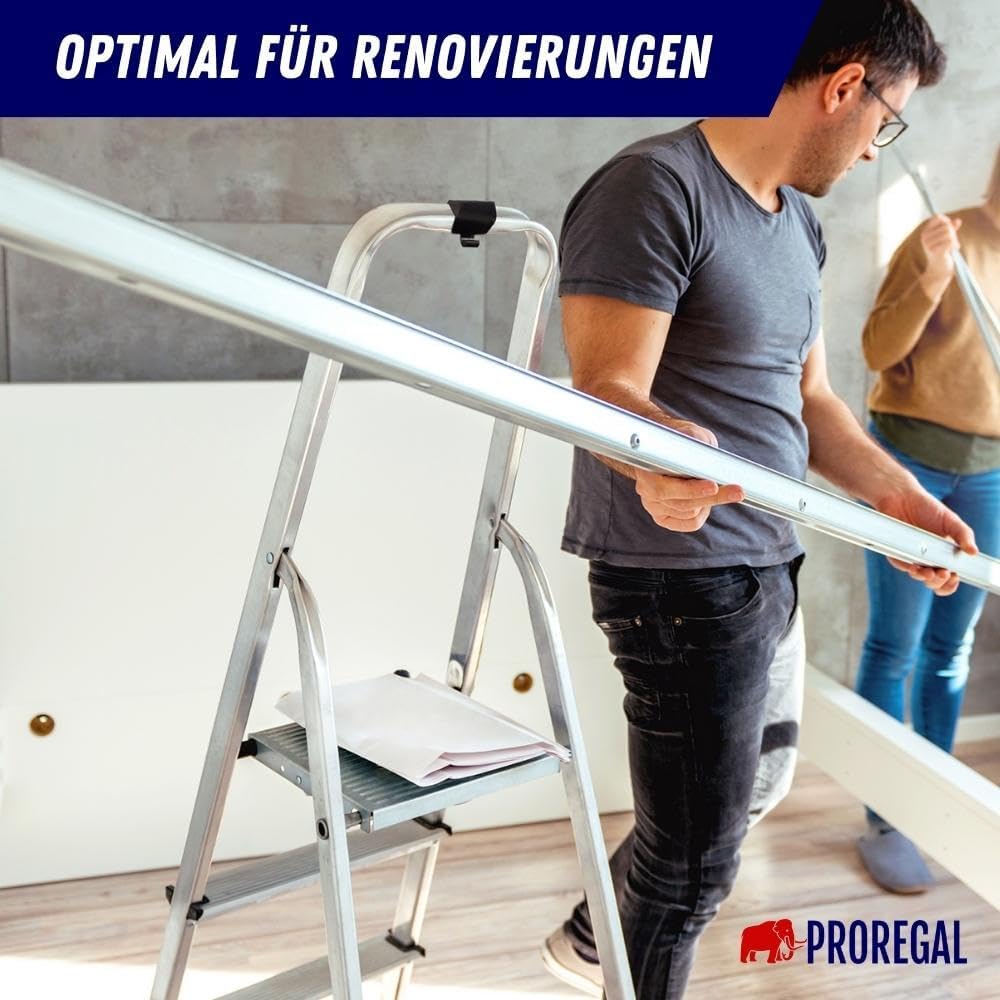 PROREGAL Trapladder met gereedschapsplank en leuning Economy Basic Enkelzijdige toegang 7 treden Werkhoogte 3,40 m Draagvermogen 150 kg