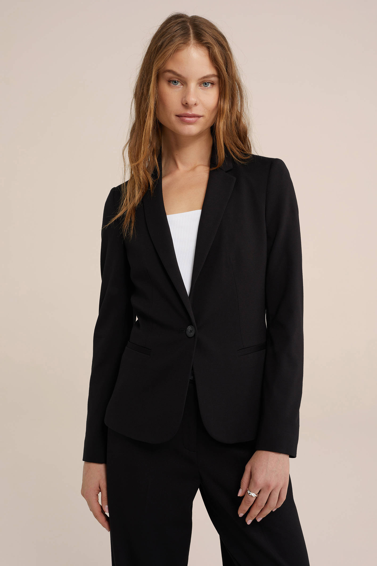 WE Fashion jersey getailleerde blazer Liz zwart