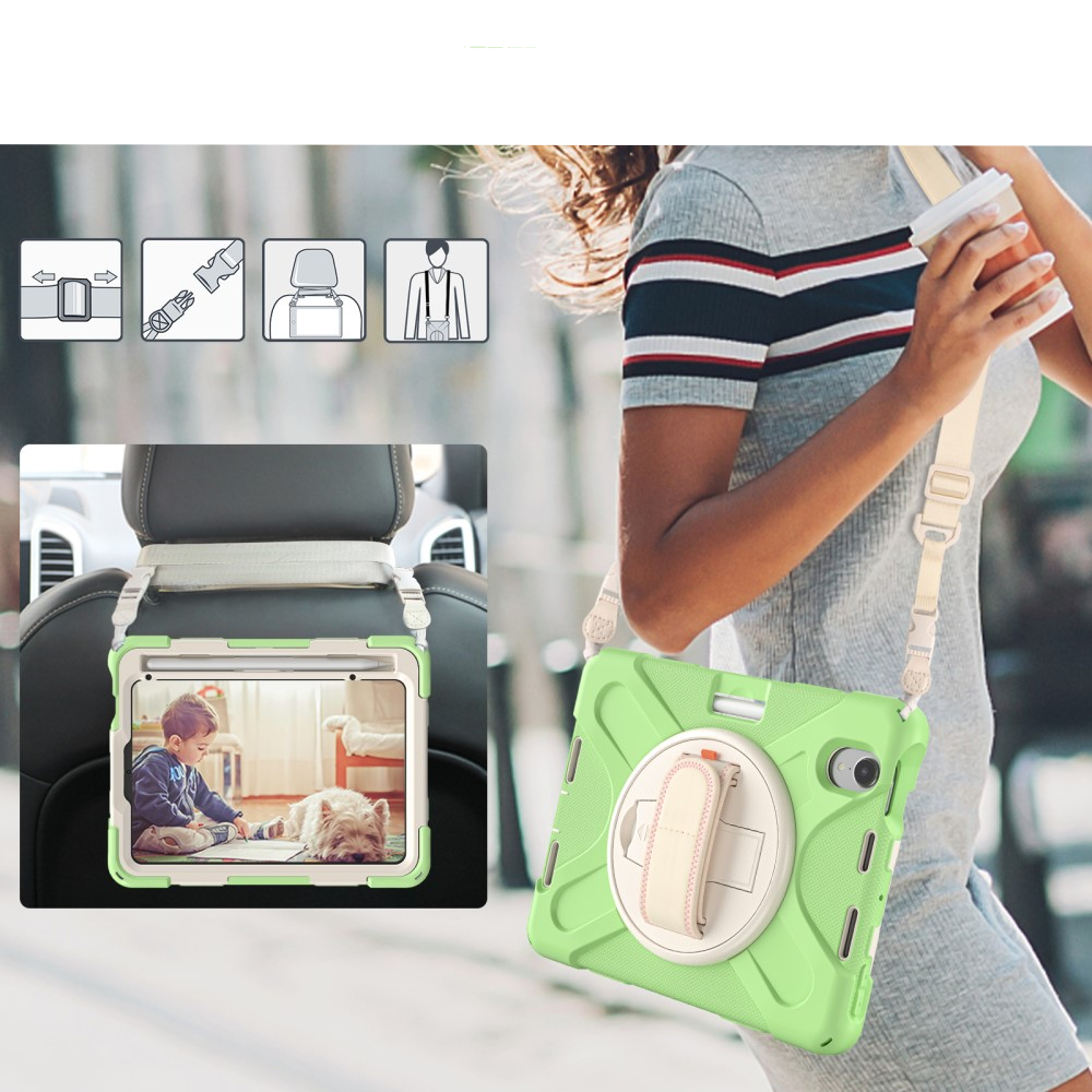 iPad Mini 7 (2024) / Mini 6 (2021) Hybrid Outdoor Silikon Case Hülle mit Aufsteller und Handschlaufe und Schultergurt - Grün