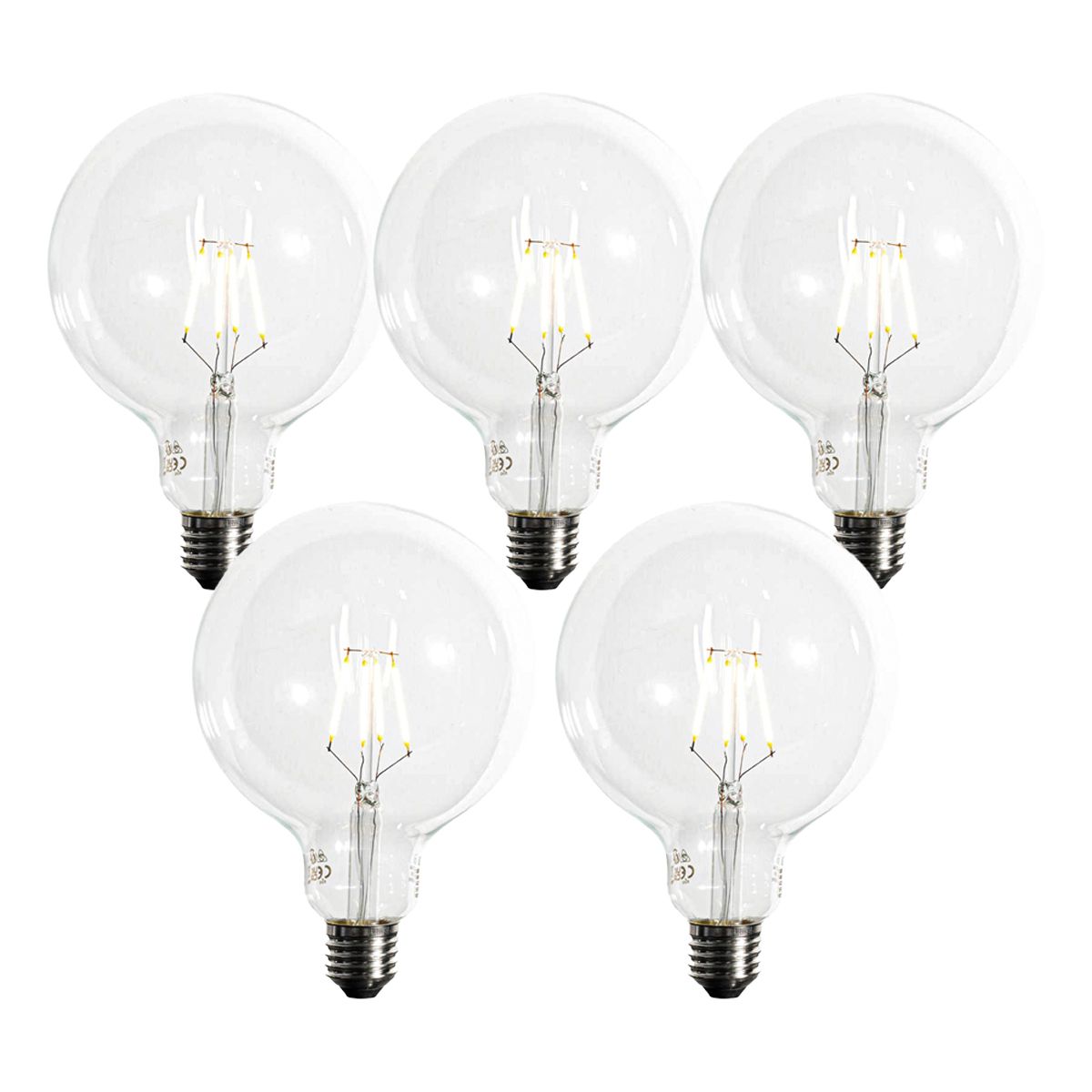 Set van 5 E27 dimbare LED spiraal filament G125 5W 450 lm 2200K