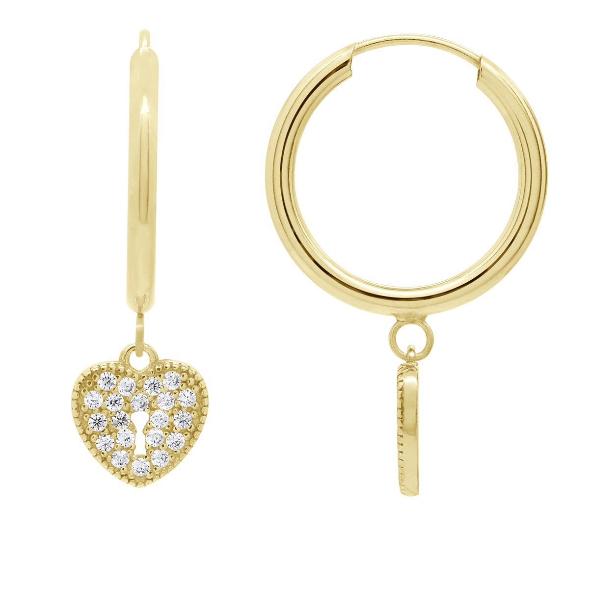 Boucles d'Oreilles Pendantes - Cadenas en Coeur Sertis d'Oxydes de Zirconium - Or Jaune