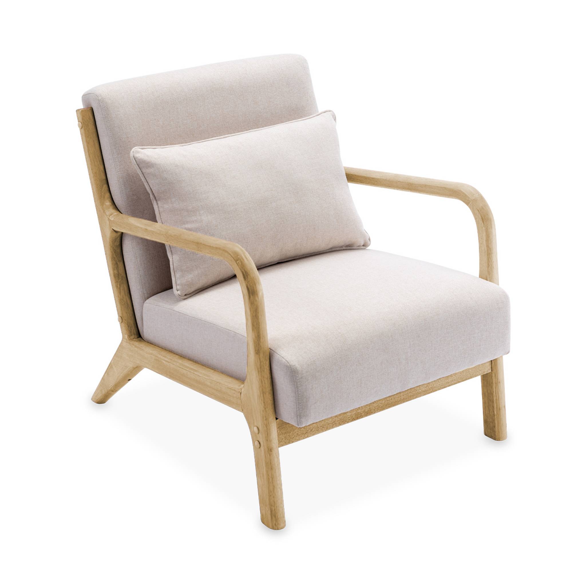 Banquette 2 places + fauteuil en bois et tissu beige