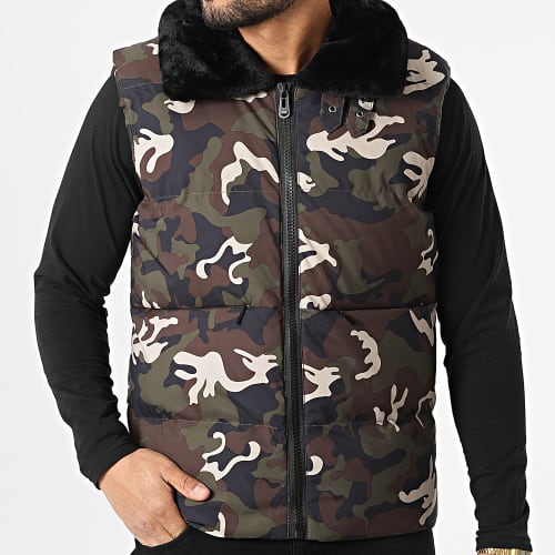 Doudoune Sans Manches A Col Fourrure 8302 Vert Kaki Camouflage