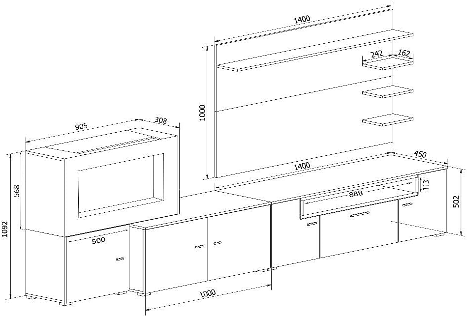 Skraut Home – Wohnzimmermöbel mit elektrischem Kamin – 170 x 290 x 45 cm – LED-Beleuchtungssystem mit Flammeneffekt – neues Olympo-Modell – moderner Stil – Ausführung in Weiß/Schwarz