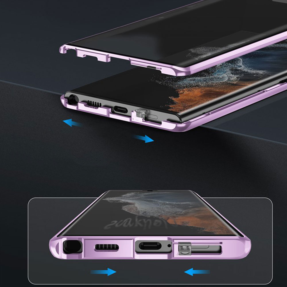 Samsung Galaxy S24 Ultra Magnetische Alu Schutzhülle mit Panzer Glas Backcover   Display- / Kameraglasschutz (Verschlussmechanismus) - Schwarz