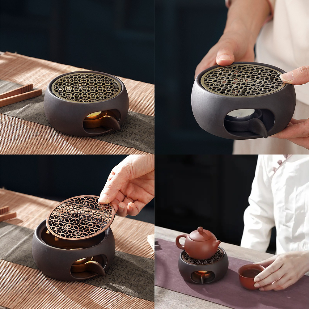 (4-tlg. Set) Keramik Stövchen Tee Kannen Wärmer Home Deko Teetassenwärmer Warmhalteplatte inkl. Teelichter - Braun