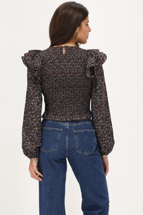 Bruine smock top met blauwe bloemen print