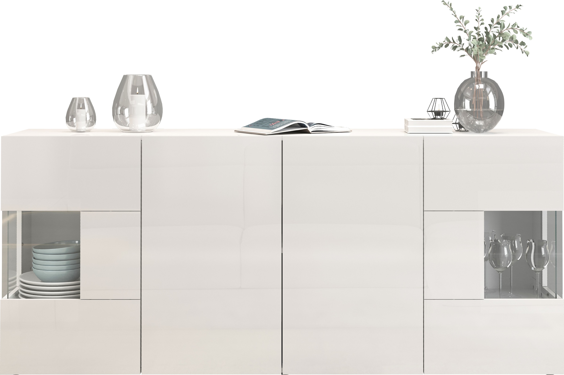 INOSIGN Sideboard »Egypt, Kommode, Schrank, Kredenz, Vitrine grifflos« 4 Türen davon 2 mit Glaseinsatz, kompl. Hochglanz lackiert, Breite 180
