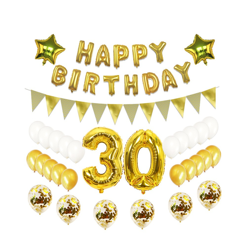 (79-tlg. Set) Happy Birthday Girlande 30. Geburtstag Party Deko   Latex- und Folienballons / Konfetti Ballons / Fahnen Girlande - Gold