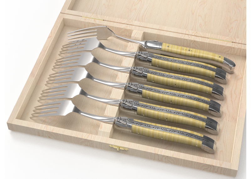 Service de 6 fourchettes Laguiole avec un manche en érable onde et mitres en acier inoxydable