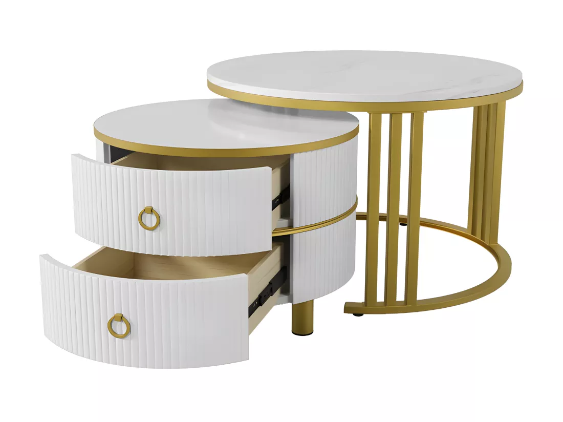 Lot de 2 tables basses gigognes avec 2 tiroirs - plateau à motif de marbre - Doré & Blanc