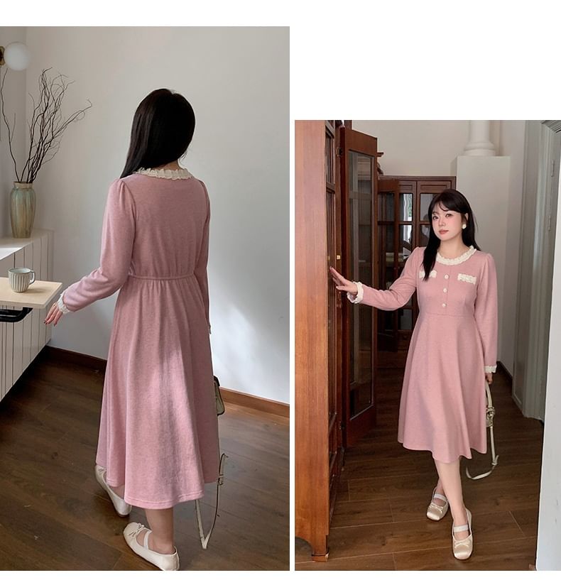 Tripoly - Plus Size Midi A-lijn jurk met lange mouwen en kantversiering