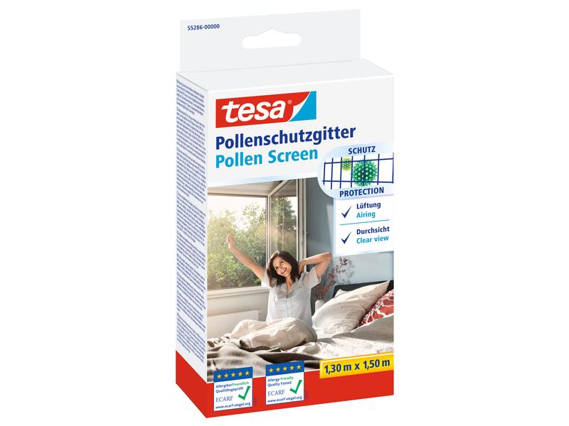 tesa Pollenschutzgitter 130 x 150 cm, Anthrazit-transparent Zuschneidbarer, transparenter Pollenschutz für Allergiker